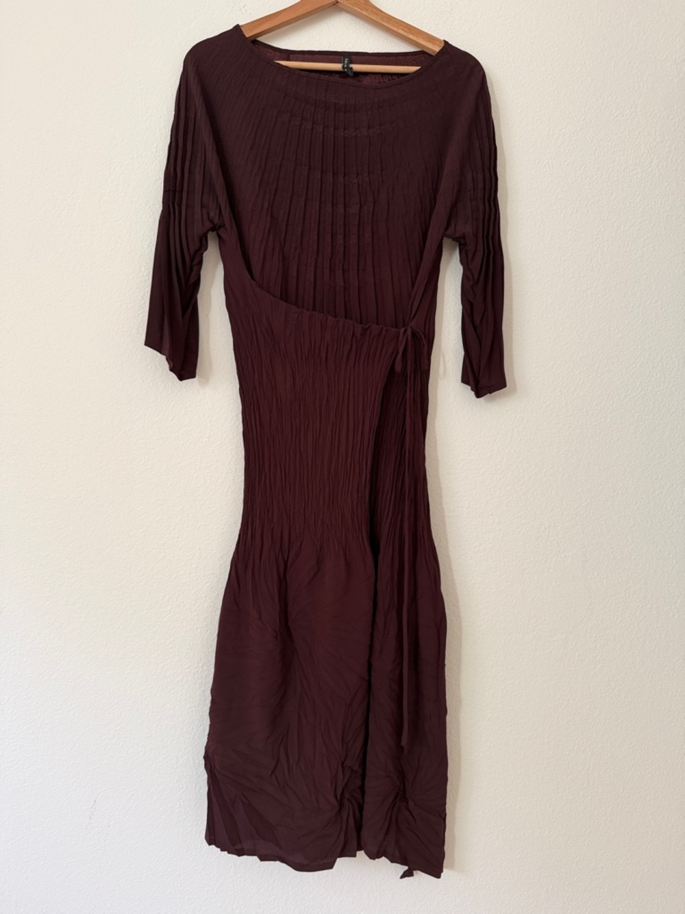 Babette SF Tie Wrap Crinkle Midi Dress Size Small S Maroon Lagenlook Artsy Comfy